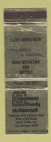 Matchbook Cover - Carmen's Family Restaurant Italian Troy MI WEAR