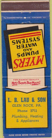 Matchbook Cover - Myers Pumps Water Systems Glen Rock PA