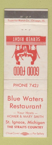 Matchbook Cover - Blue Waters Restaurant St Ignace MI