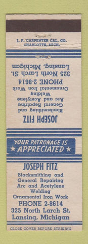 Matchbook Cover - Joseph Fitz Blacksmithing Arc Welding Lansing MI