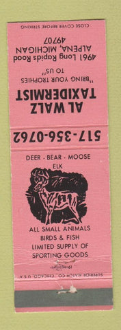 Matchbook Cover - Al Walz Taxidermist Alpena MI