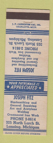 Matchbook Cover - Joseph Fitz Blacksmithing Welding Lansing MI