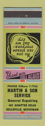 Matchbook Cover - Martin & Son Service Repair Belleville MI