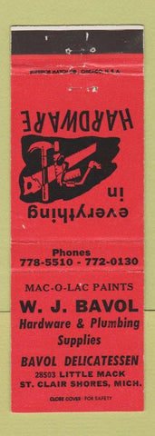 Matchbook Cover - WJ Bavol Hardware Mac O Lac Paint St Clair Shores MI deli