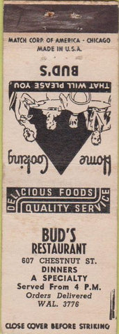Matchbook Cover - Bud's Restaurant NO TOWN