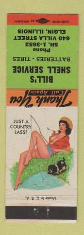 Matchbook Cover - Bill's Shell oil gas Elgin IL pinup Country Lass