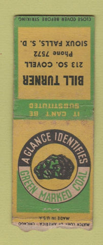 Matchbook Cover - Bill Turner Green Marked Coal Sioux Falls SD BOBTAIL