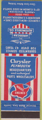Matchbook Cover - Chrysler Plymouth Headquarters Seattle WA