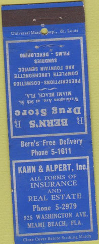 Matchbook Cover - Bern's Drug Store Miami Beach FL
