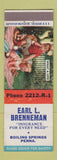 Matchbook Cover - Earl Brenneman Insurance Boiling Springs PA What A Life