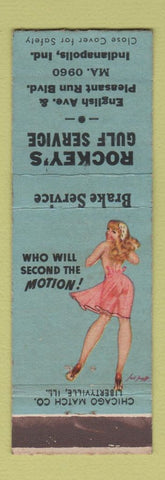 Matchbook Cover - Rockey's Gulf oil gas Indianapolis IN pinup 2nd the Motion