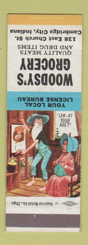 Matchbook Cover - Woodsy's Grocery Cambridge City IN hillbilly girlie calendar