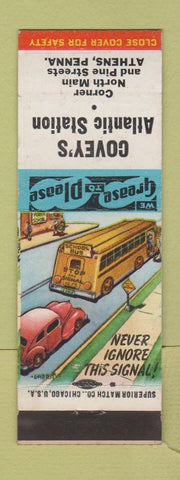 Matchbook Cover - Covey's Atlantic oil gas Athens PA Stop for School Bus