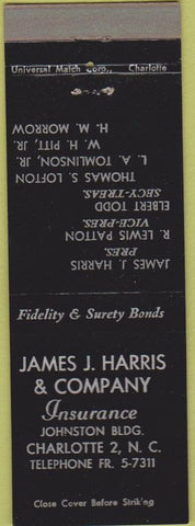 Matchbook Cover - James Harris Co Insruance Charlotte NC