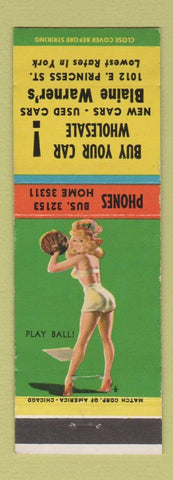 Matchbook Cover - Blaine Warner's Auto Sales York PA pinup Play Ball