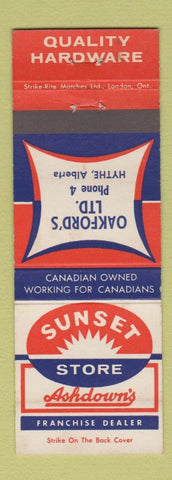 Matchbook Cover - Sunset Store Hardware Oakford's Hythe AB low phone #
