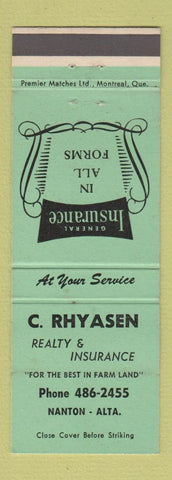 Matchbook Cover - C Rhyasen Real Estate Insurance Nanton AB