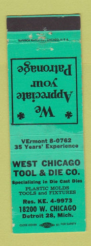 Matchbook Cover - West Chicago Tool and Die Detroit MI WEAR GREEN