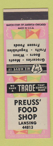 Matchbook Cover - Preuss Food Shop Lansing MI grocery