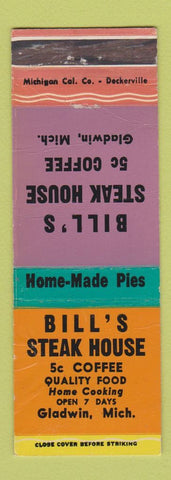 Matchbook Cover - Bill's Steak House Gladwin MI WORN