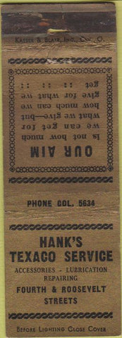 Matchbook Cover - Hank's Texaco oil gas NO TOWN 40's WEAR