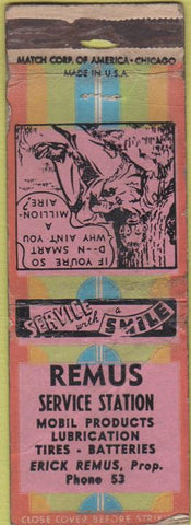 Matchbook Cover - Remus Service oil gas Mobil POOR