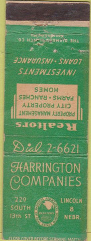 Matchbook Cover - Harrington Companies Lincoln NE Insurance Realty WEAR