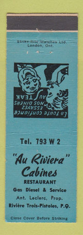 Matchbook Cover - Au Riviera Cabines Restaurant Riviere Trois Pistoles QC