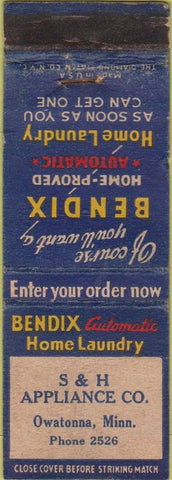 Matchbook Cover - Bendix Home Laundry Owatonna MN WORN