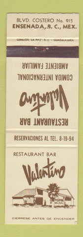 Matchbook Cover - Valentino Restaurant Bar Ensenada Mexico