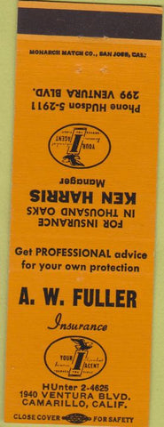 Matchbook Cover - AW Fuller Insurance Camarillo CA yellow