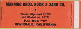 Matchbook Cover - Manning Bros Rock Sand Irwindale CA ERROR