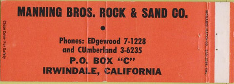 Matchbook Cover - Manning Bros Rock Sand Irwindale CA ERROR