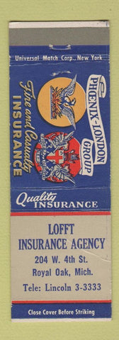 Matchbook Cover - Lofft Insurance Agency Royal Oak MI CREASE