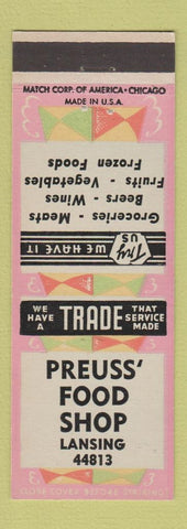 Matchbook Cover - Preuss Food Shop Lansing MI