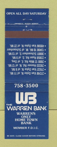 Matchbook Cover - Warren Bank Warren MI