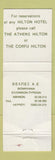 Matchbook Cover - Corfu Hilton Athens Greece WEAR