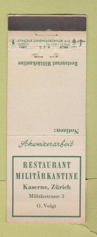 Matchbook Cover - Restaurant Militarkantine Militarstrasse Switzerland
