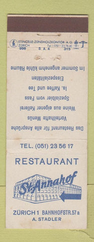 Matchbook Cover - Restaurant St Annahof Zurich Switzerland