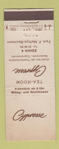 Matchbook Cover - Cypresse Zurich Switzerland Tea Room