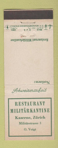 Matchbook Cover - Restaurant Militarkantine Militarstrasse Switzerland
