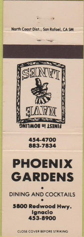 Matchbook Cover - Phoenix Gardens bowling Ignacio CA tan