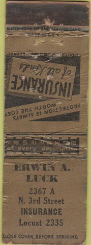 Matchbook Cover - Erwin A Luck Insurance POOR