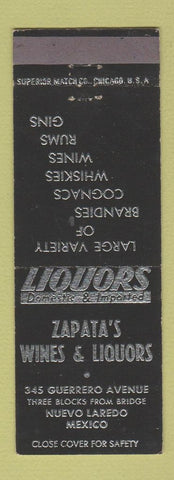 Matchbook Cover - Zapata's Wines Liquors Nuevo Laredo Mexico