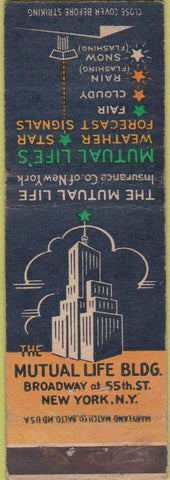 Matchbook Cover - Mutual Life Insurance New York City WORN