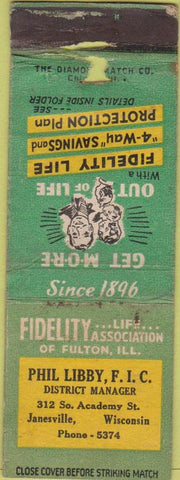 Matchbook Cover - Fidelity Life Insurance Janesville WI WORN