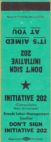 Matchbook Cover - Initiative 202 Pro Union 1958 Green