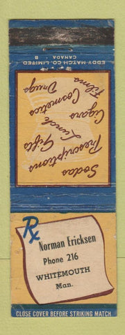 Matchbook Cover - Norman Ericksen Drug Store Whitemouth MB low phone # WEAR