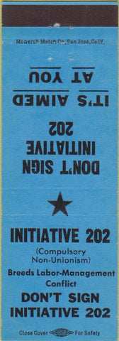 Matchbook Cover - Initiative 202 Pro Union 1958 Blue
