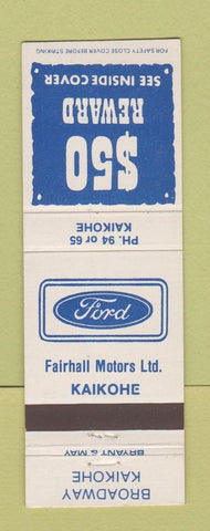 Matchbook Cover - Ford Fairhall Motors Kaikohe New Zealand